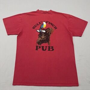 VTG Mens Red 1997 Bull Finch Pub Staff Henley Single Stitch Faded Cheers Tee L